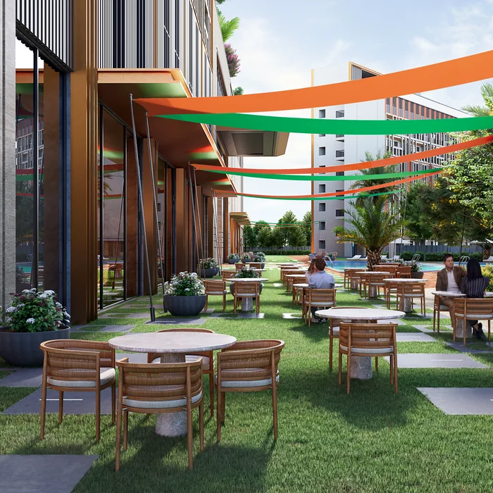 The festival plaza with garden seating under bright canopies