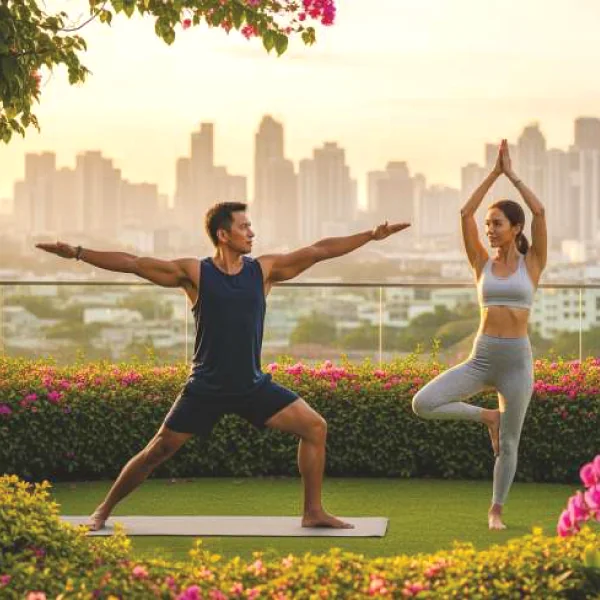 Residents practising yoga on the podium lawn