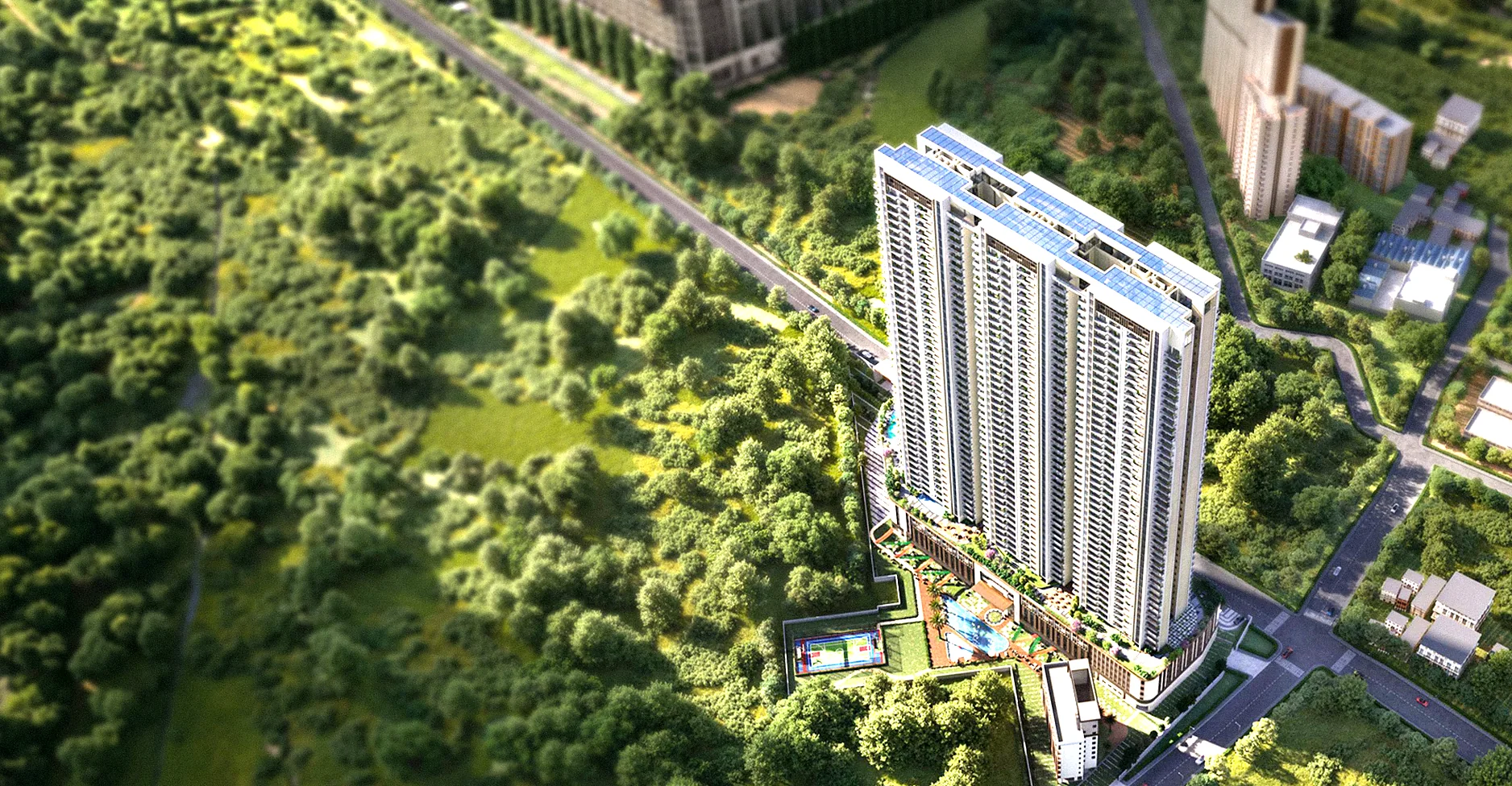Aerial view of Levante Residences amid greenery (artistic impression)