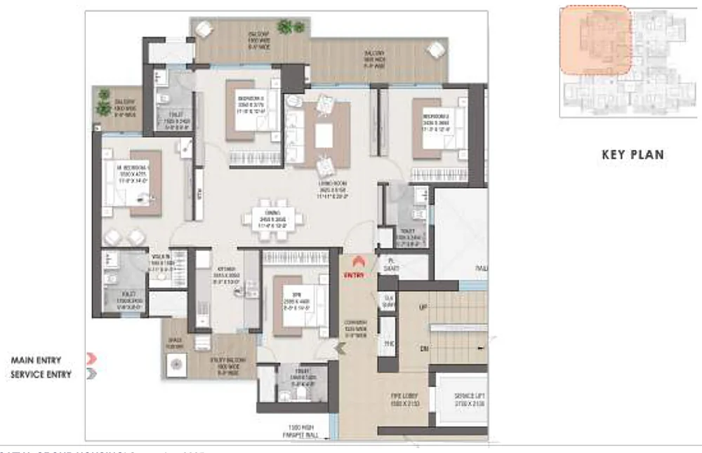 3 BHK + service personnel room floor plan, 2,240 sq. ft.