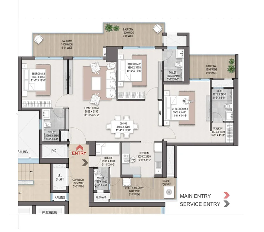 3 BHK + Utility floor plan, 2,180 sq. ft.