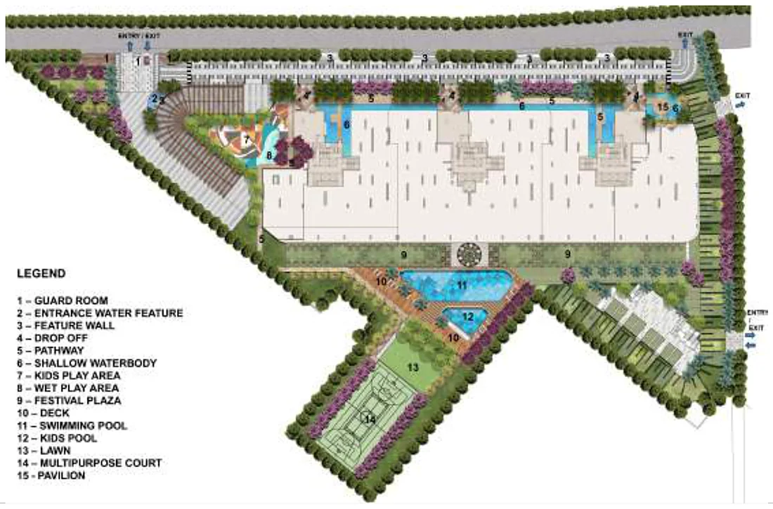 Site plan of Levante Residences with pool, festival plaza, lawn and multipurpose court